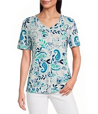Westbound Floral Filagre Print Short Sleeve V-Neck Top
