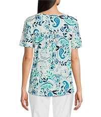 Westbound Floral Filagre Print Short Sleeve V-Neck Top