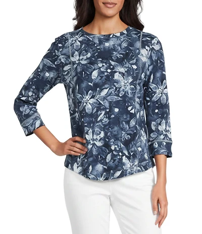 Westbound Floral Print 3/4 Sleeve Knit Crew Neck Top