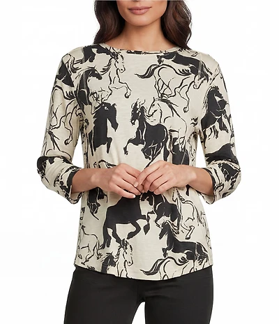 Westbound Horses Print 3/4 Sleeve Knit Crew Neck Top