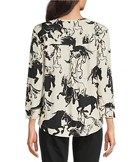 Westbound Horses Print 3/4 Sleeve Knit Crew Neck Top