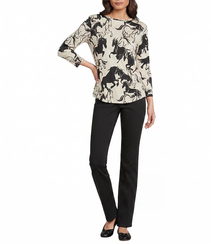 Westbound Horses Print 3/4 Sleeve Knit Crew Neck Top