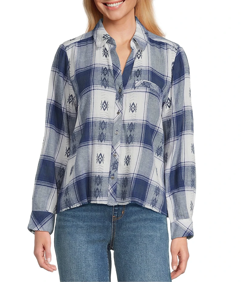 Westbound Jacquard Flannel Long Sleeve Y-Neck Button Front Top