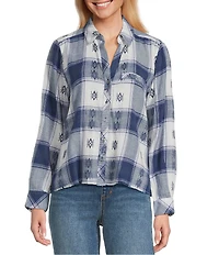 Westbound Jacquard Flannel Long Sleeve Y-Neck Button Front Top