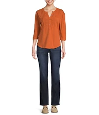 Westbound Knit 3/4 Sleeve Solid Henley Neck Top