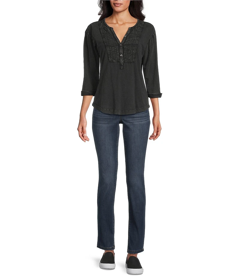 Westbound Knit 3/4 Sleeve Solid Henley Neck Top