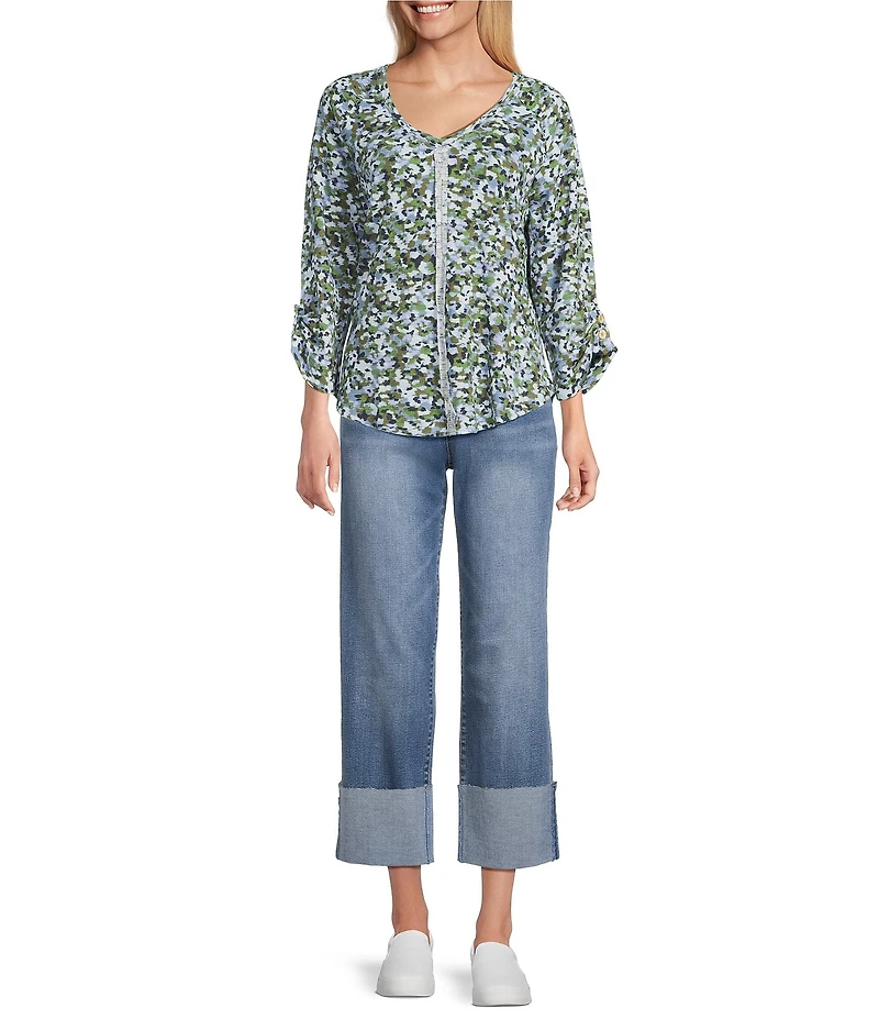 Westbound Knit Beryl Green Marker Garden 3/4 Bell Sleeve V-Neck Top