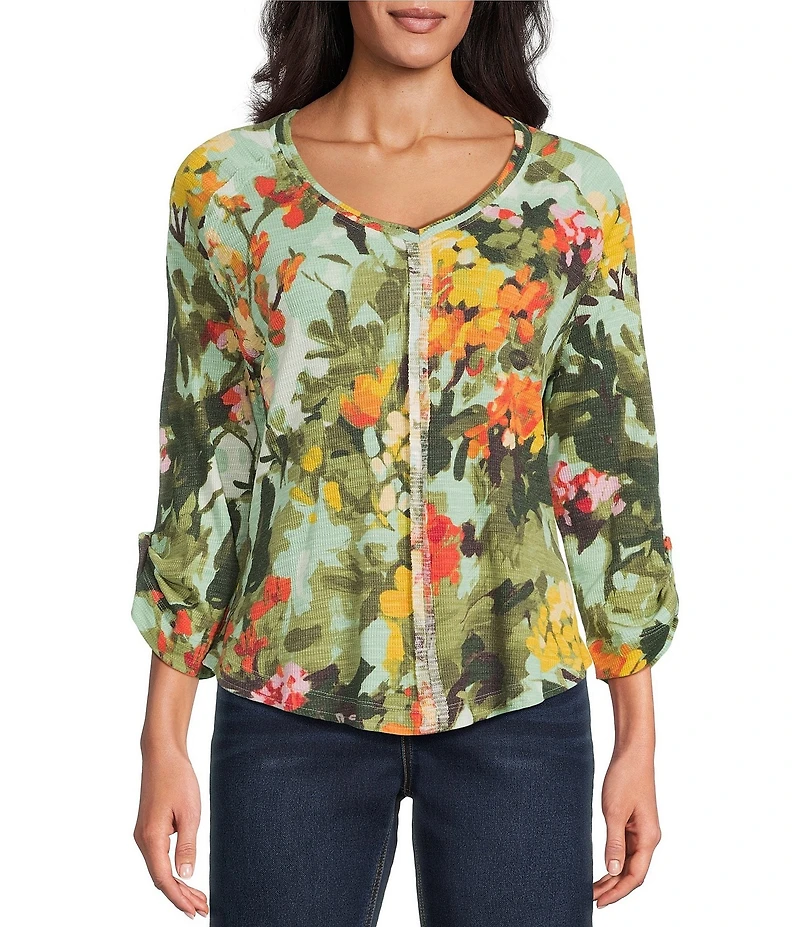 Westbound Knit Beryl Green Wild Bouquet 3/4 Bell Sleeve V-Neck Top