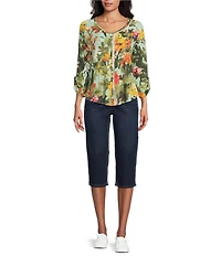 Westbound Knit Beryl Green Wild Bouquet 3/4 Bell Sleeve V-Neck Top