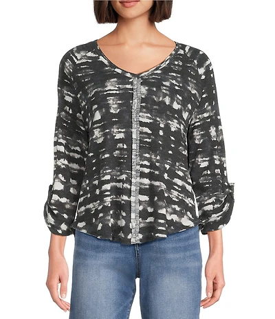 Westbound Knit Black and White Watercolor Plaid 3/4 Bell Sleeve V-Neck Top