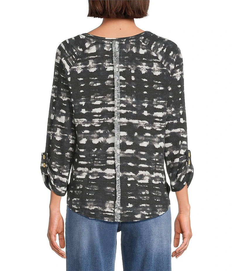 Westbound Knit Black and White Watercolor Plaid 3/4 Bell Sleeve V-Neck Top