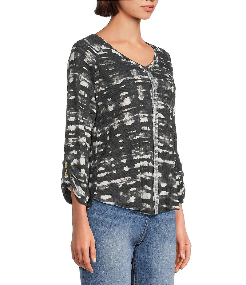 Westbound Knit Black and White Watercolor Plaid 3/4 Bell Sleeve V-Neck Top