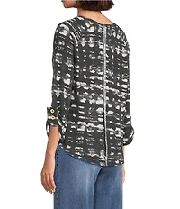 Westbound Knit Black and White Watercolor Plaid 3/4 Bell Sleeve V-Neck Top