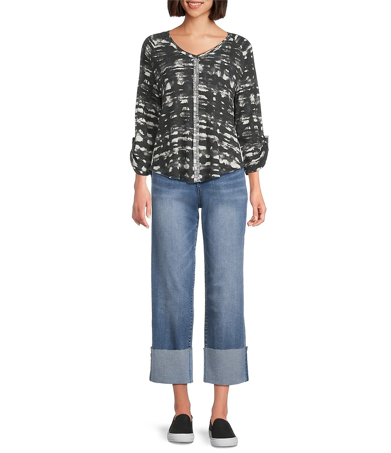 Westbound Knit Black and White Watercolor Plaid 3/4 Bell Sleeve V-Neck Top