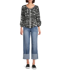 Westbound Knit Black and White Watercolor Plaid 3/4 Bell Sleeve V-Neck Top