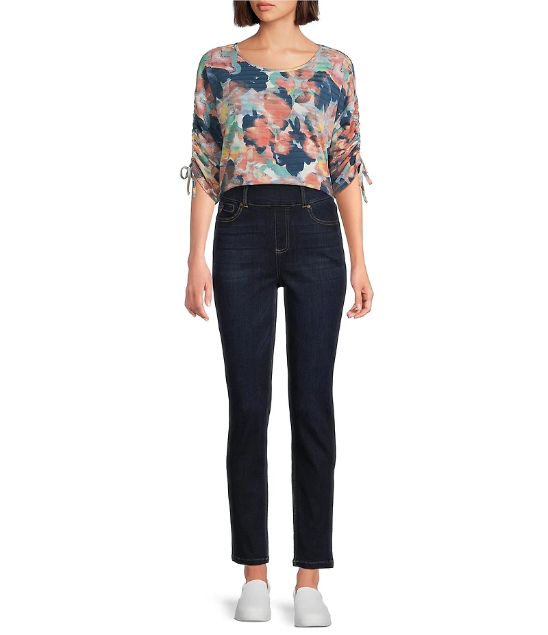 Westbound Knit Dark Denim Blur Floral 3/4 Ruched Sleeve Top