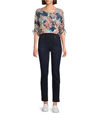 Westbound Knit Dark Denim Blur Floral 3/4 Ruched Sleeve Top