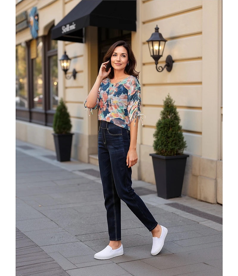 Westbound Knit Dark Denim Blur Floral 3/4 Ruched Sleeve Top
