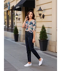 Westbound Knit Dark Denim Blur Floral 3/4 Ruched Sleeve Top