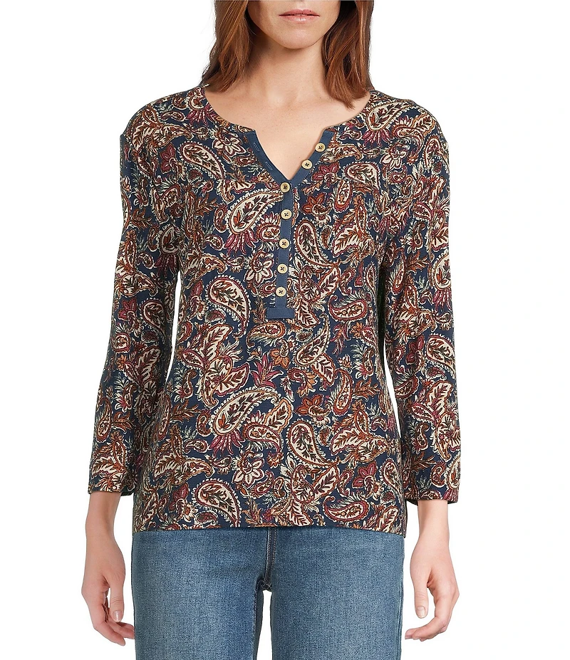 Westbound Knit Dark Denim Vibe Paisley 3/4 Sleeve Henley Top