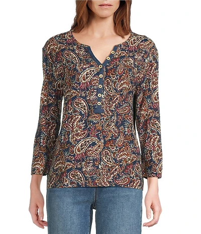 Westbound Knit Dark Denim Vibe Paisley 3/4 Sleeve Henley Top