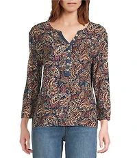 Westbound Knit Dark Denim Vibe Paisley 3/4 Sleeve Henley Top