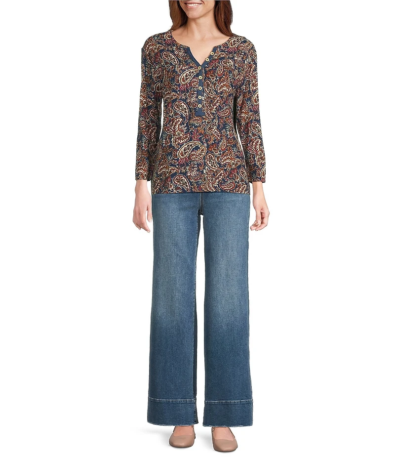 Westbound Knit Dark Denim Vibe Paisley 3/4 Sleeve Henley Top