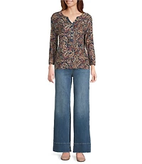 Westbound Knit Dark Denim Vibe Paisley 3/4 Sleeve Henley Top
