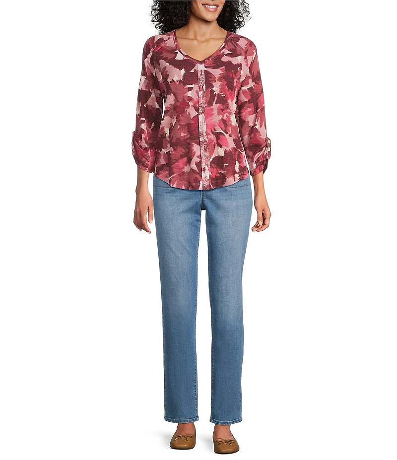 Westbound Knit Fest Fuchsia Abstract Foliage 3/4 Bell Sleeve V-Neck Top
