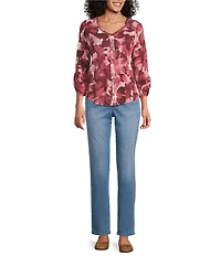 Westbound Knit Fest Fuchsia Abstract Foliage 3/4 Bell Sleeve V-Neck Top