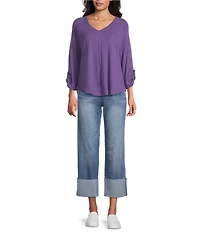 Westbound Knit Solid 3/4 Bell Sleeve V-Neck Top