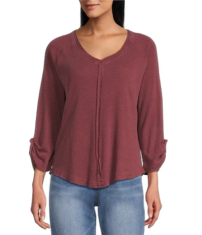 Westbound Knit Solid 3/4 Bell Sleeve V-Neck Top