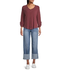 Westbound Knit Solid 3/4 Bell Sleeve V-Neck Top
