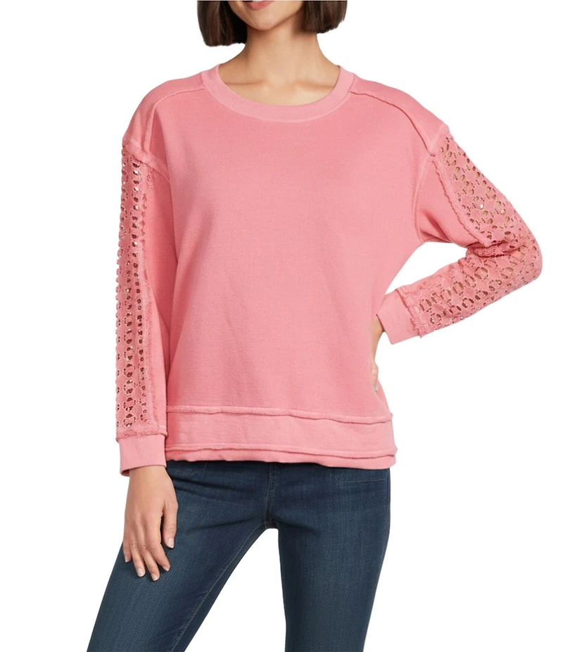 Westbound Lace Inset Long Sleeve Crew Neck Knit Top