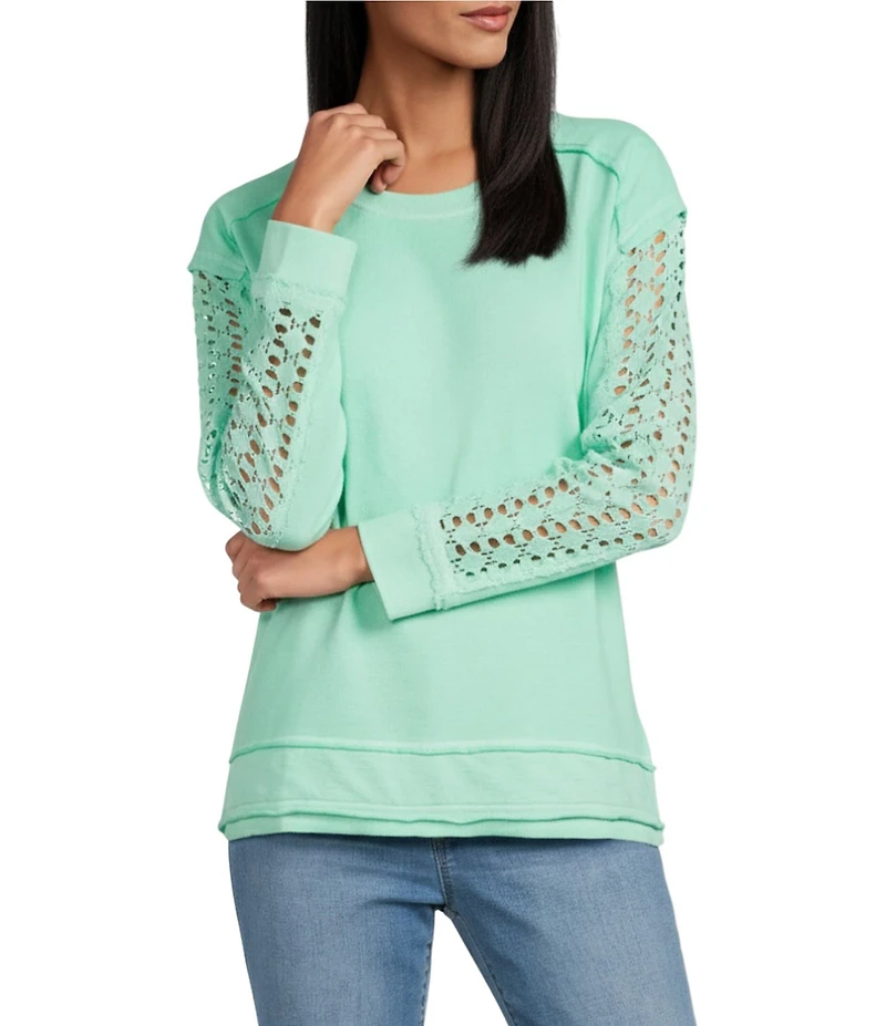 Westbound Lace Inset Long Sleeve Crew Neck Knit Top
