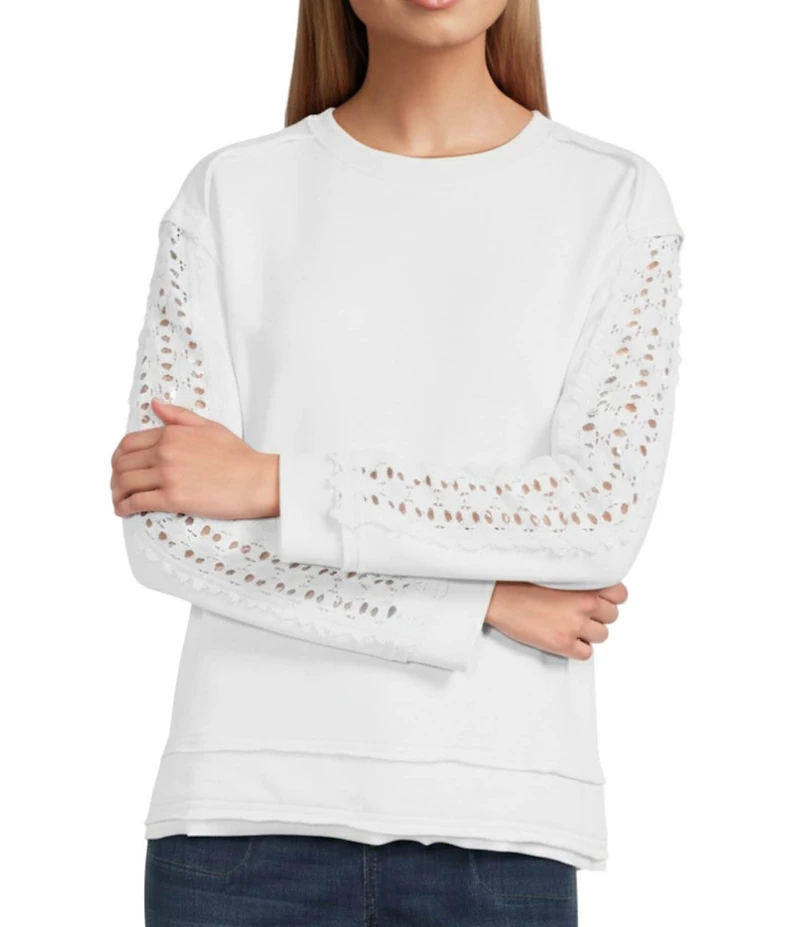 Westbound Lace Inset Long Sleeve Crew Neck Knit Top