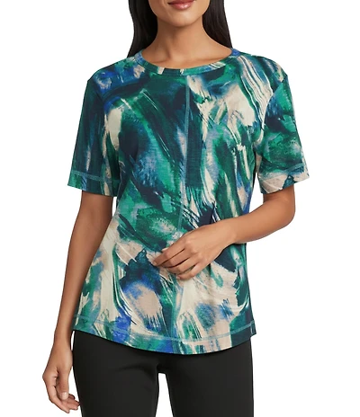 Westbound Larkspur Blue Sweeping Wave Short Sleeve Slub Knit Crew Neck Top