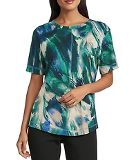 Westbound Larkspur Blue Sweeping Wave Short Sleeve Slub Knit Crew Neck Top