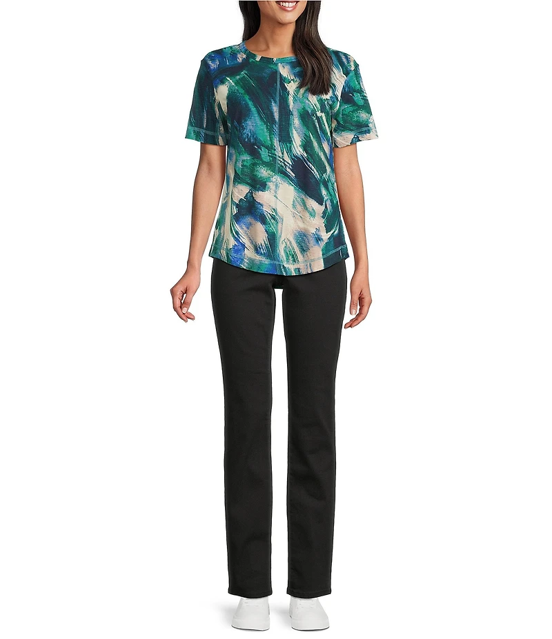 Westbound Larkspur Blue Sweeping Wave Short Sleeve Slub Knit Crew Neck Top