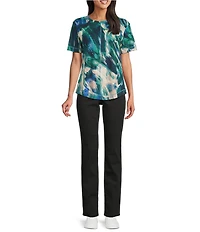 Westbound Larkspur Blue Sweeping Wave Short Sleeve Slub Knit Crew Neck Top