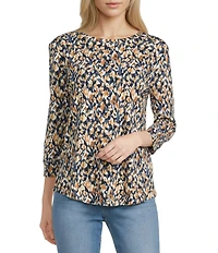 Westbound Leopard Print 3/4 Sleeve Knit Crew Neck Top