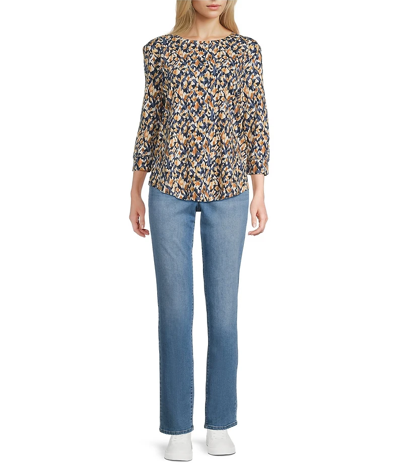 Westbound Leopard Print 3/4 Sleeve Knit Crew Neck Top