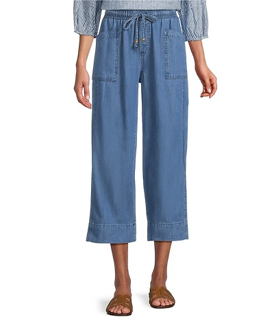 Westbound Linen Blend Medium Wash Pull On Flat Front Crop Pants