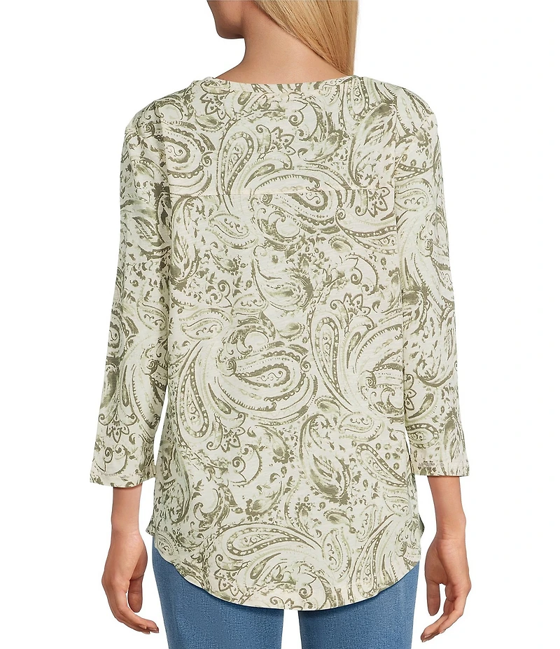 Westbound Olive Paisley Swirl 3/4 Sleeve Knit Top