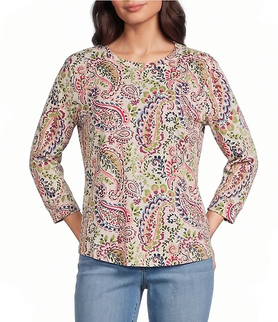 Westbound Paisley Print 3/4 Sleeve Knit Crew Neck Top