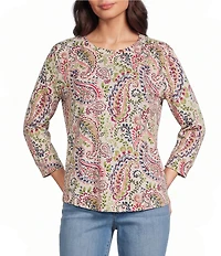 Westbound Paisley Print 3/4 Sleeve Knit Crew Neck Top