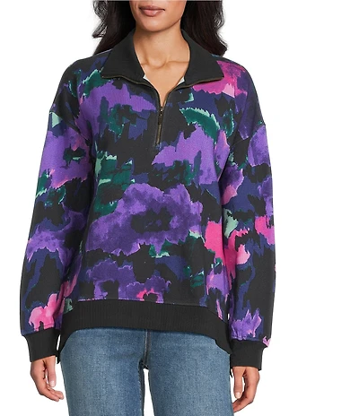 Westbound Petite Acai Brush Floral Long Sleeve Quarter Zip Pullover
