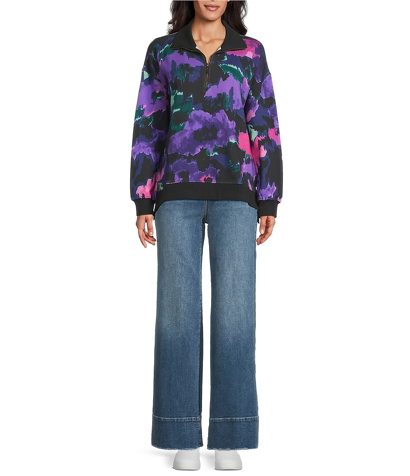 Westbound Petite Acai Brush Floral Long Sleeve Quarter Zip Pullover