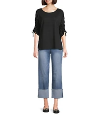 Westbound Petite Knit 3/4 Ruched Sleeve Crew Neck Top