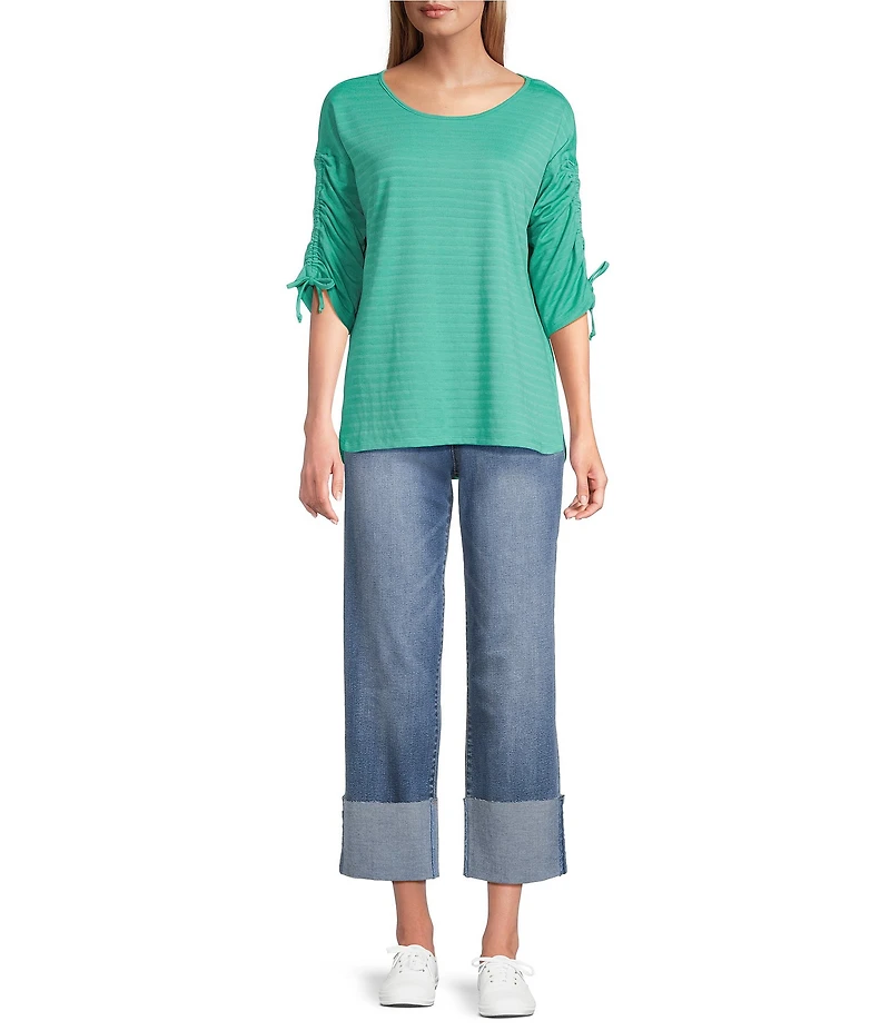 Westbound Petite Knit 3/4 Ruched Sleeve Crew Neck Top